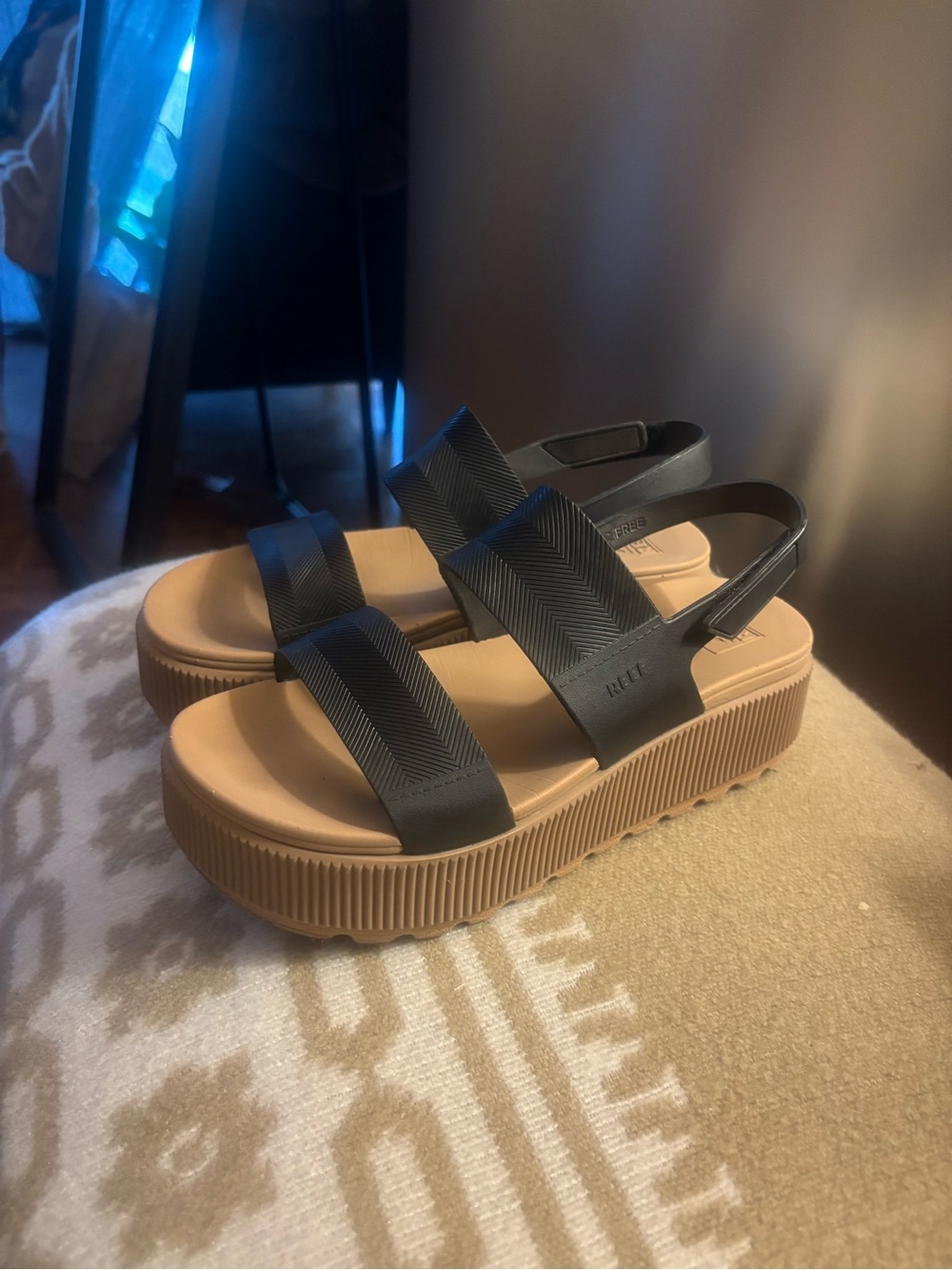 Reef Black and Tan Platform Slingback Sandals